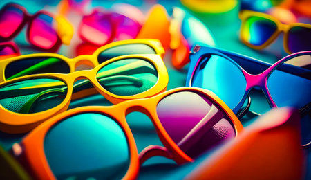 Group of colorful sunglasses laying on top of each other. Generative AI.の素材