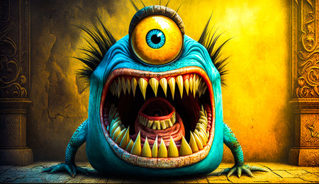 Cartoon monster with its mouth open and teeth wide open. Generative AI.の素材