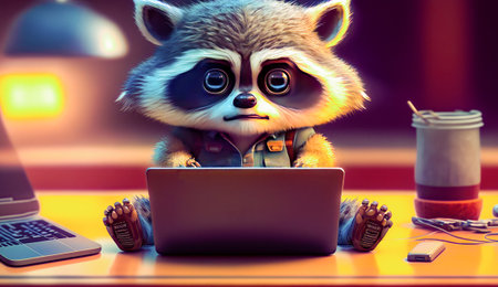 Raccoon sitting in front of laptop computer. Generative AI.の素材