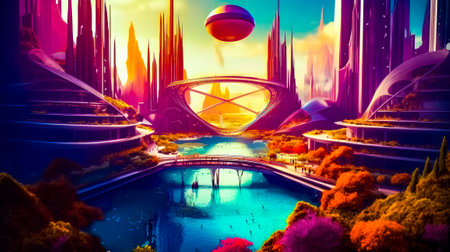 Painting of futuristic city with lake in front of it. Generative AI.の素材
