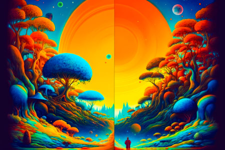 Painting of person standing in front of sunset. Generative AI.の素材