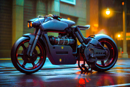 Motorcycle parked on the side of the road in the rain at night. Generative AI.の素材