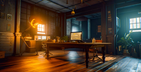 Computer monitor sitting on top of a wooden desk in a dark room. Generative AI.の素材
