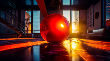 Large red ball sitting on top of floor next to window. Generative AI.の素材