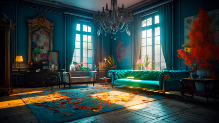 Living room filled with furniture and chandelier hanging from the ceiling. Generative AI.の素材