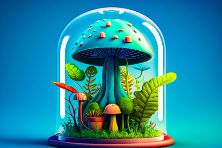 Mushroom in glass dome with plants and mushrooms in the bottom of it. Generative AI.の素材