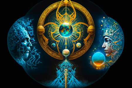 Painting of sun, moon, and planets in the center of circle. Generative AI.の素材