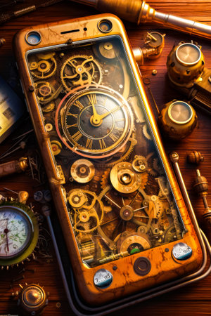 Wooden table topped with phone covered in lots of different types of clocks. Generative AI.の素材