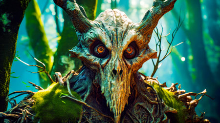 Close up of creepy looking creature in the woods with big eyes. Generative AI.の素材