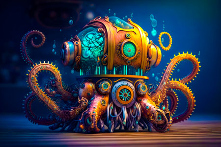 Octopus is sitting on top of mechanical device in dark room. Generative AI.の素材