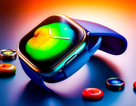 Apple watch sitting on top of table next to pair of ear buds. Generative AI.の素材