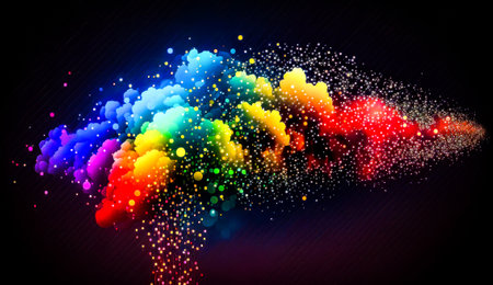 Rainbow colored cloud of smoke on black background with black background. Generative AI.の素材