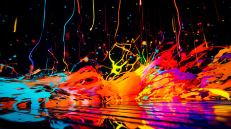 Colorful background with lots of paint on the floor and black background. Generative AI.の素材