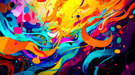 Colorful abstract painting with lots of paint splattered on the surface. Generative AI.の素材