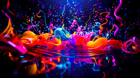 Colorful paint splashing into the water on black background with blue light in the background. Generative AI.の素材