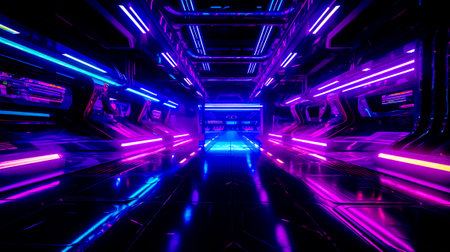 Dark tunnel with neon lights and long corridor between the two rooms. Generative AI.の素材