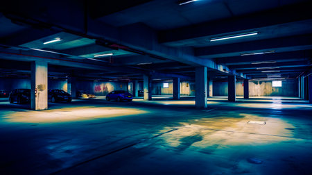 Empty parking garage with blue car parked in the middle of it. Generative AI.の素材