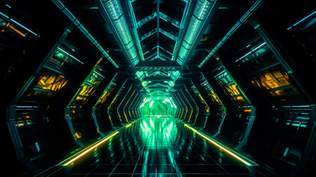 Futuristic looking room with neon lights and long hallway in the center. Generative AI.の素材