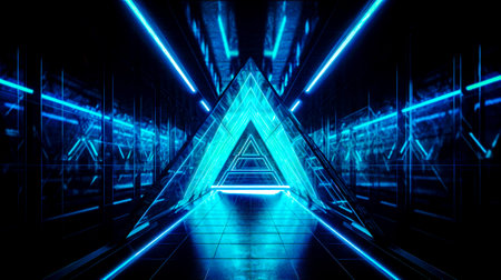 Dark room with neon lights and blue triangle in the middle of the room. Generative AI.の素材