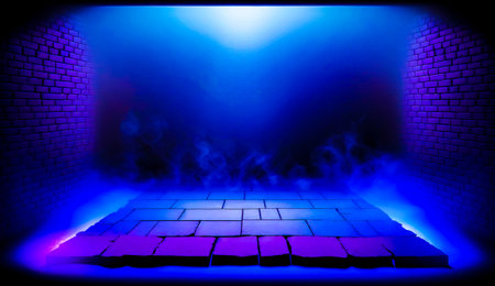 Stage with blue and purple lighting and blue floor with square pattern. Generative AI.の素材