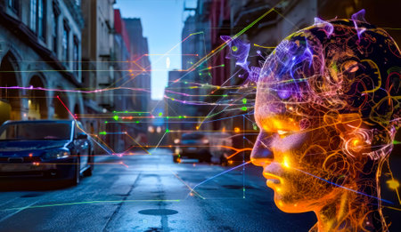 Man's head is shown in the middle of city street. Generative AI.の素材