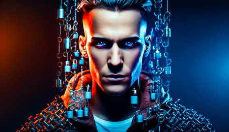 Man with chains around his neck and his face covered in blue eyes. Generative AI.の素材