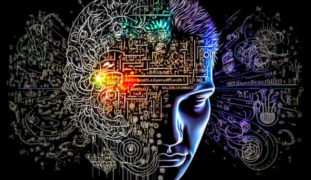 Man's head with lot of electronic symbols in the background. Generative AI.の素材