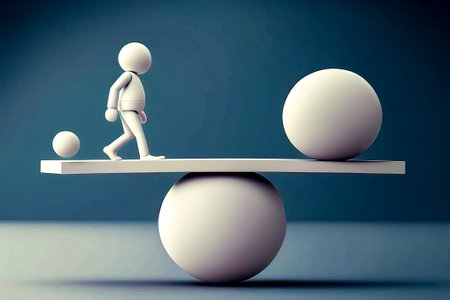 Person walking on balance scale between two balls of different sizes and colors. Generative AI.の素材