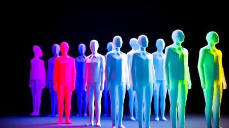 Group of colorful mannequins standing in row on black background. Generative AI.の素材