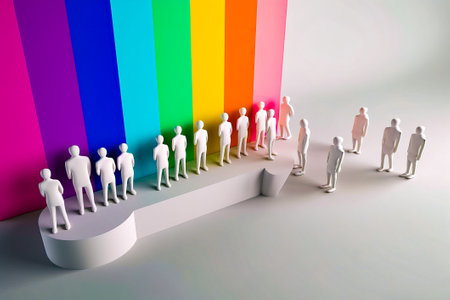 Group of people standing in front of rainbow colored wall with line of people standing in front of it. Generative AI.の素材