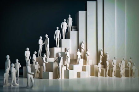 Group of white people standing on top of set of stairs with black background. Generative AI.の素材