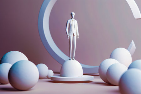 White mannequin standing in front of a circle of white balls. Generative AI.の素材
