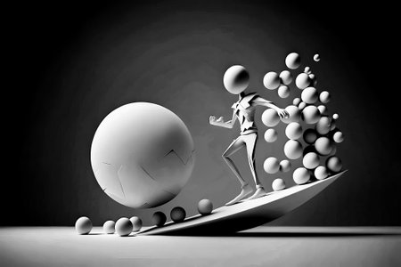 Black and white photo of person on surfboard with balls. Generative AI.の素材