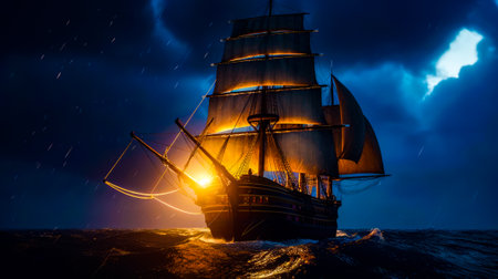 Ship sailing in the ocean at night with bright light on it. Generative AI.の素材