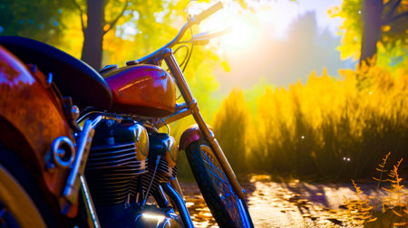 Motorcycle parked on the side of the road in front of the tree. Generative AI.の素材