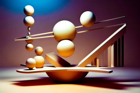 Group of balls sitting on top of wooden balance beam in front of blue sky. Generative AI.の素材