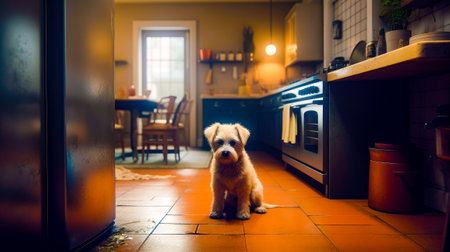 Small brown dog sitting on kitchen floor next to stove top oven. Generative AI.の素材
