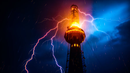 Tall tower with lightening bolt in the middle of the night. Generative AI.の素材