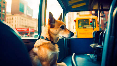 Dog is sitting in the passenger seat of car looking out the window. Generative AI.の素材