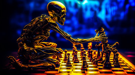 Skeleton playing chess on chessboard with chess pieces in front of it. Generative AI.の素材