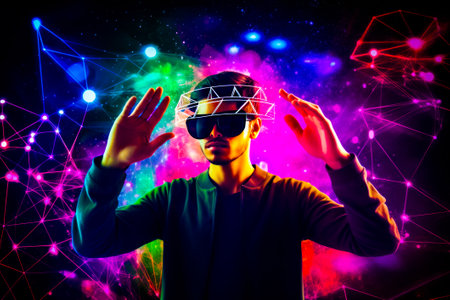 Man wearing mask with his hands up in front of colorful background. Generative AI.の素材