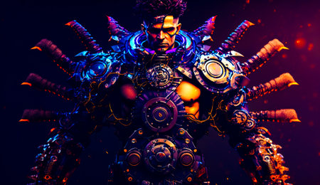 Man in futuristic suit with horns on his head and sword in his hand. Generative AI.の素材