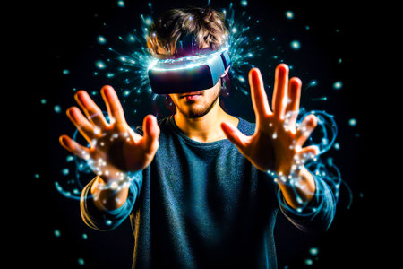 Man wearing virtual reality headset and holding his hands up in front of him. Generative AI.の素材