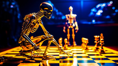 Skeleton sitting on top of chess board in front of robot. Generative AI.の素材