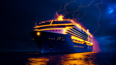 Cruise ship in the water with lot of lights on it's side. Generative AI.の素材