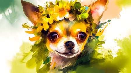 Painting of dog with flowers on its head and green background. Generative AI.の素材