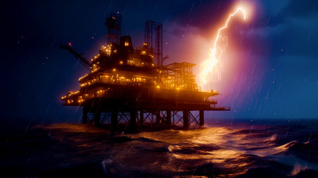 Oil rig in the middle of the ocean with lightning in the background. Generative AI.の素材