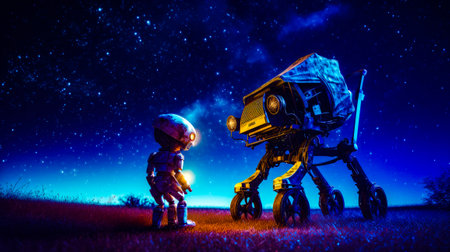 Astronaut standing next to small robot in field with stars in the sky. Generative AI.の素材