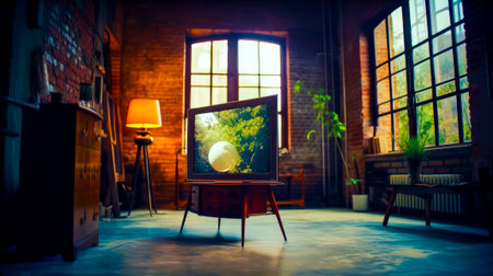 Television sitting on top of wooden stand in front of window. Generative AI.の素材