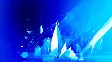 Blue and white abstract background with cityscape in the background. Generative AI.の素材